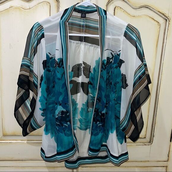 New Directions Sheer Teal, Black, Tan & Cream Floral Open Shawl - Size Small‎ - Picture 1 of 5